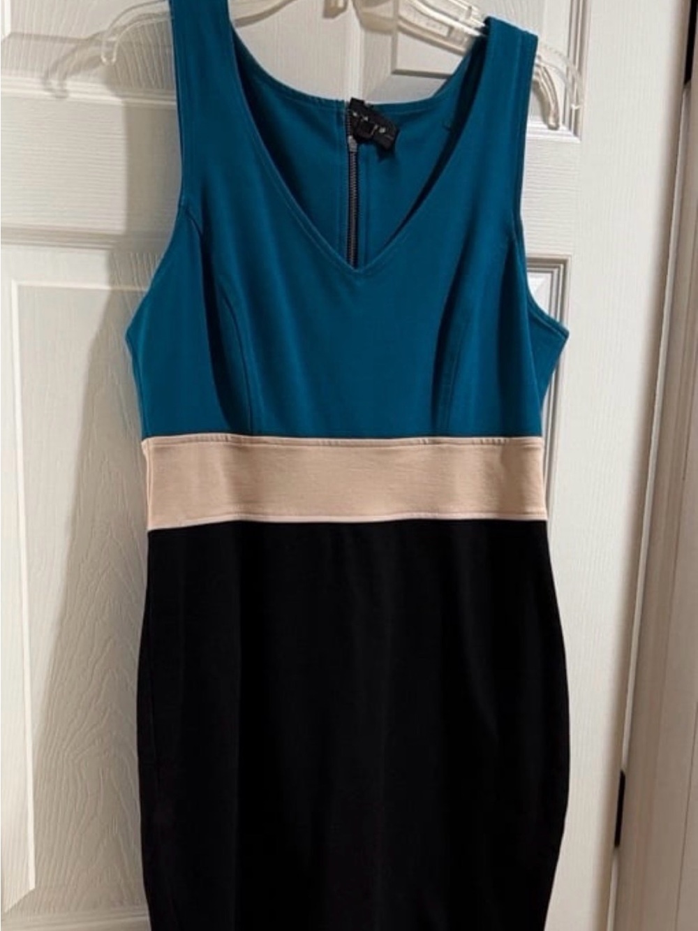 Karen Kane Teal, Black and Cream Colorblock Midi Dress